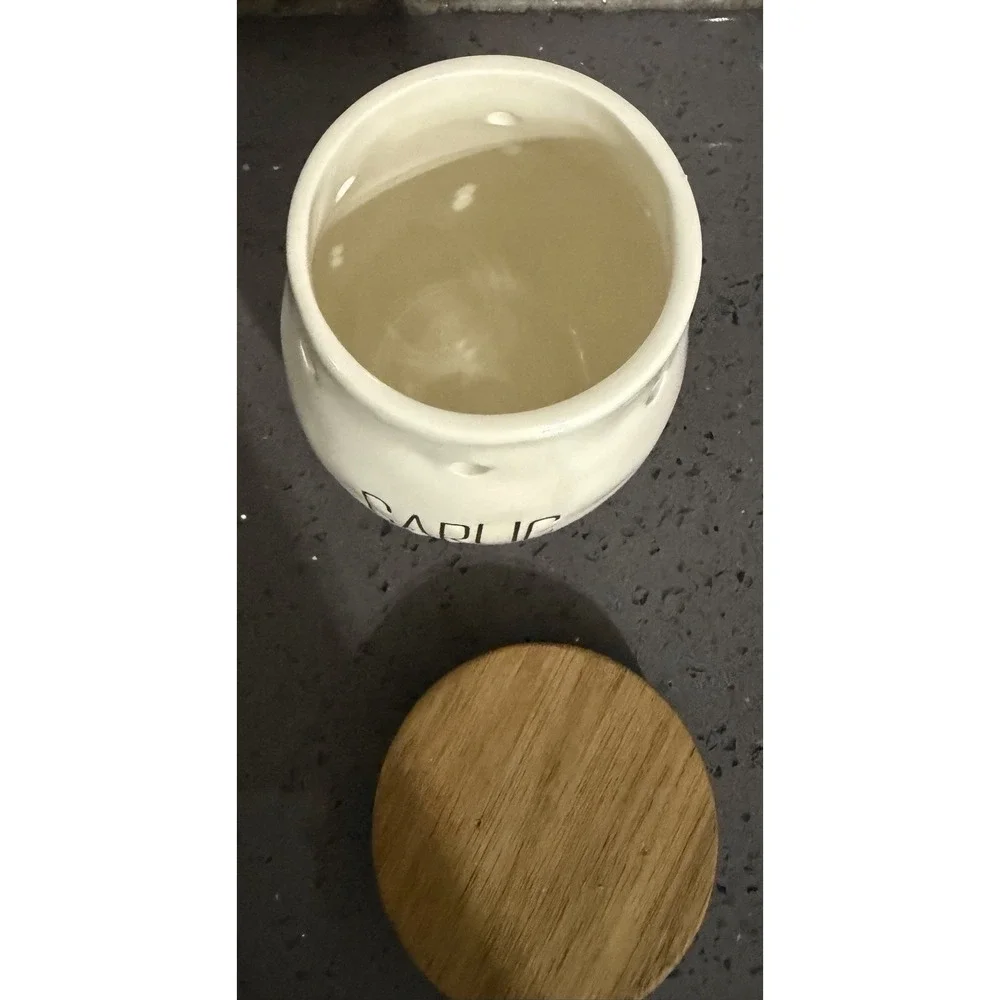 Mud Pie Bistro Garlic Keeper Ceramic Jar with Wood Lid Kitchen Storage